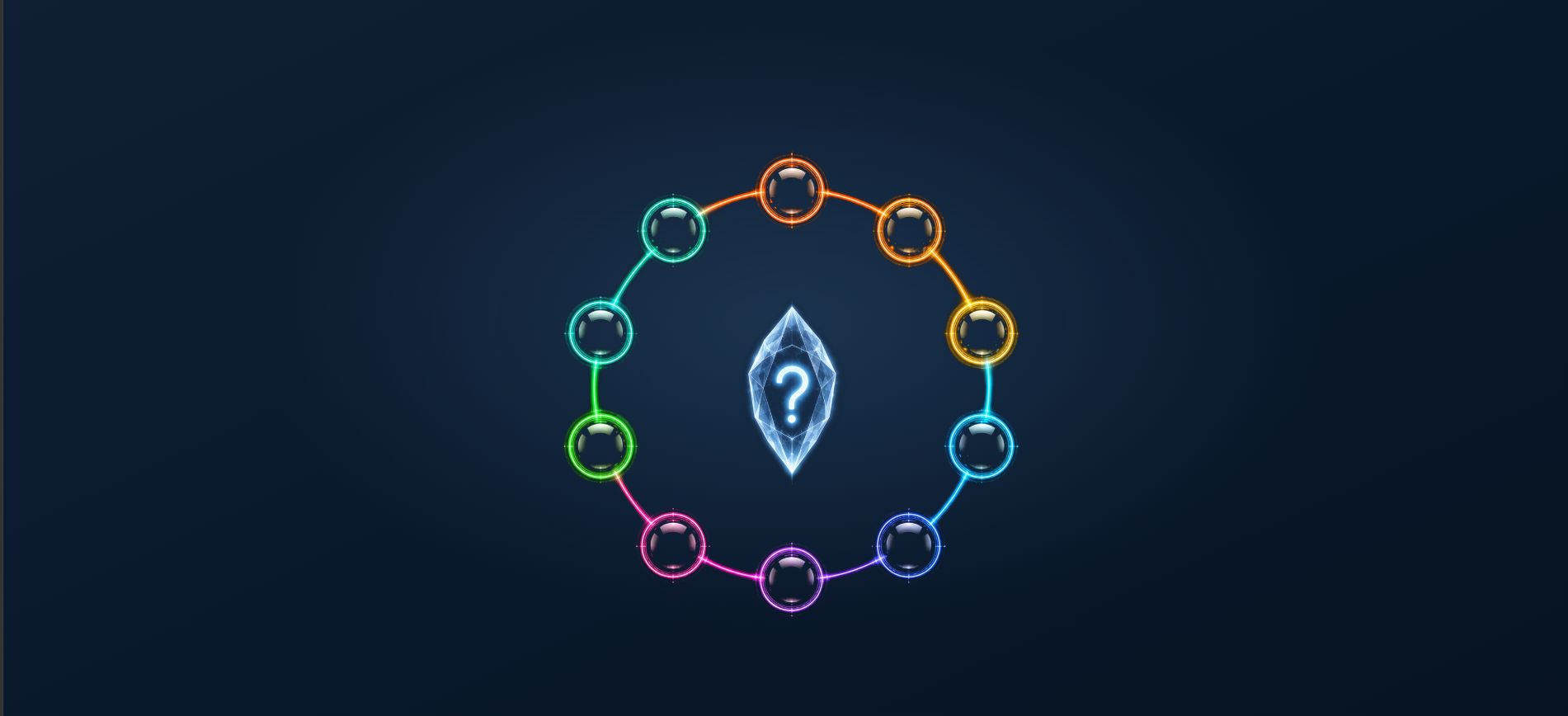 Ten orbs in a glowing ring around a crystal
